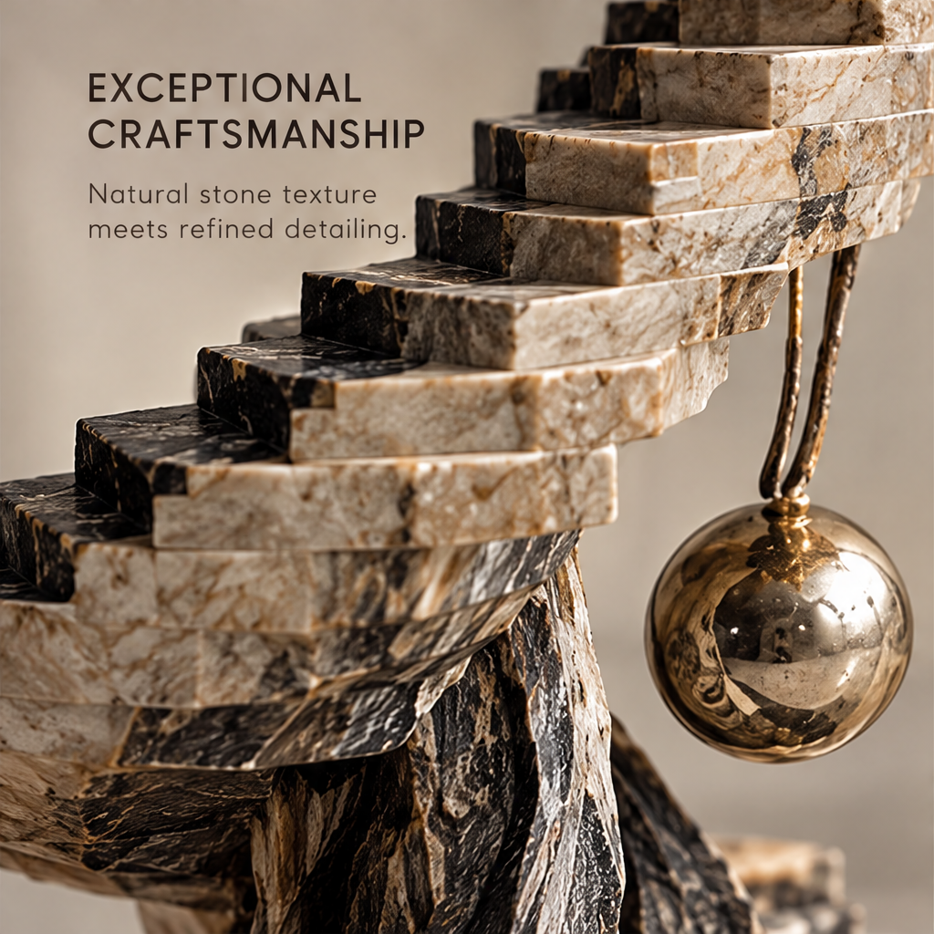 Close-up of mottled cream-toned steps and hanging reflective gold-tone orb