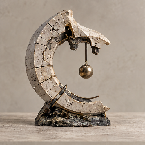 Crescent sculpture styled on a console in a neutral interior