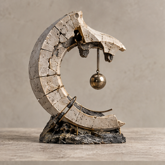Crescent sculpture styled on a console in a neutral interior