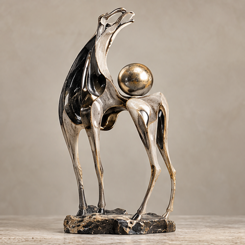 Full view of abstract horse sculpture with openwork curves and gold-tone sphere, without text