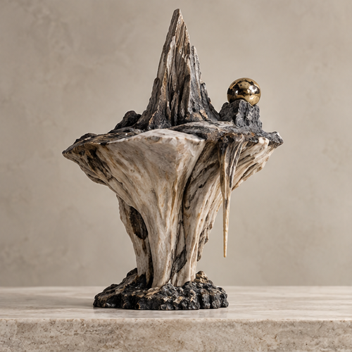 Full view of mountain peak sculpture with flowing cream-toned contours and gold-tone orb, without text