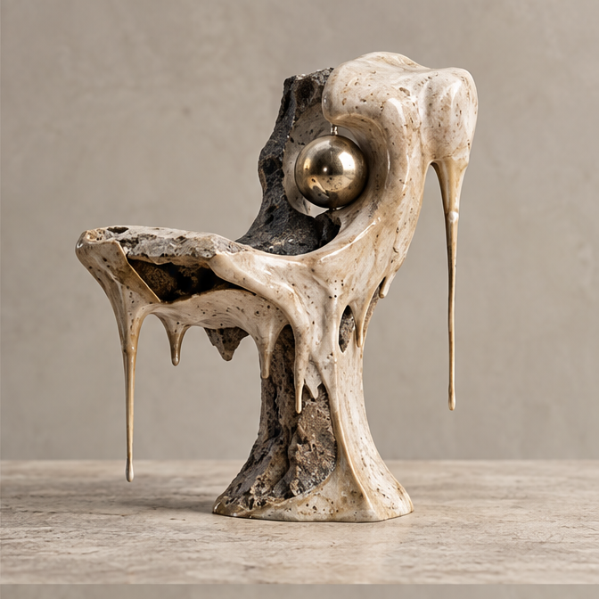 Front view of cream-toned abstract drip sculpture with dark textured recesses