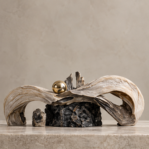 Sweeping wave sculpture styled on a neutral console