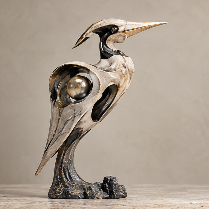 Full view of long-beaked bird sculpture with openwork wings and gold-tone orb, without text