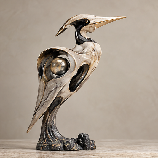 Full view of long-beaked bird sculpture with openwork wings and gold-tone orb, without text