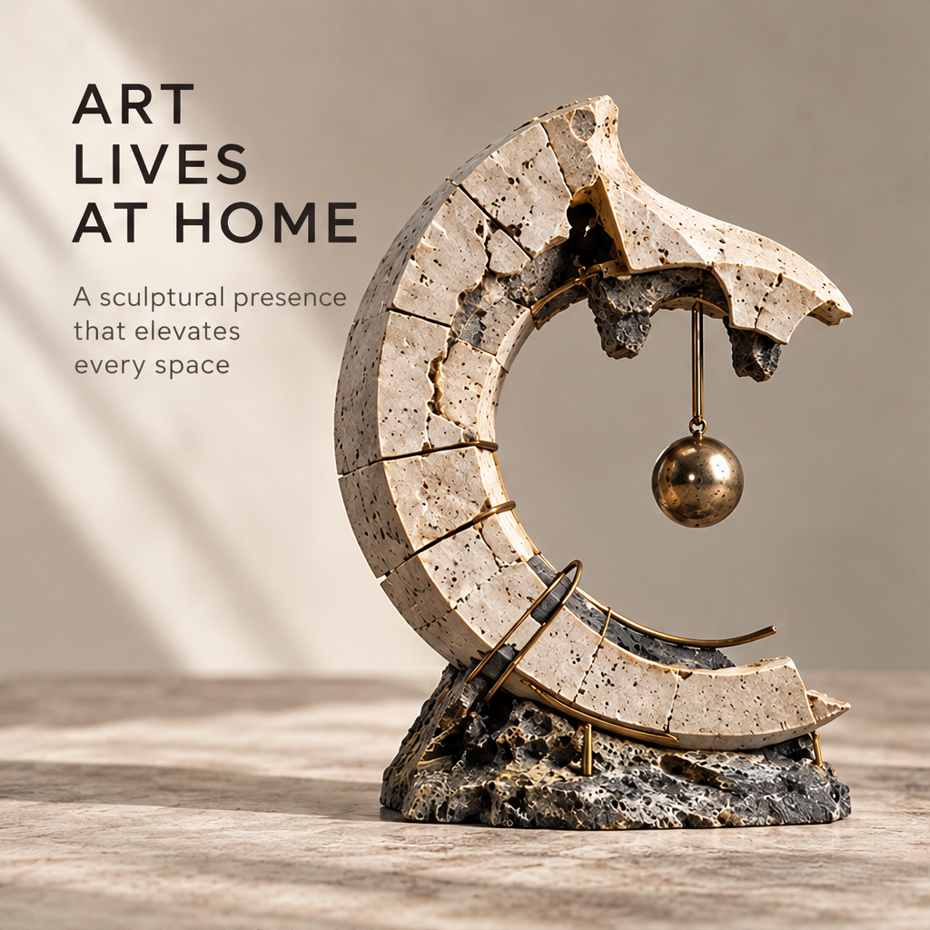 Crescent sculpture with suspended gold-tone orb shown in full without text