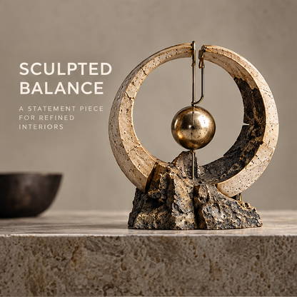 Front view of cream-toned split ring sculpture framing a reflective gold-tone sphere