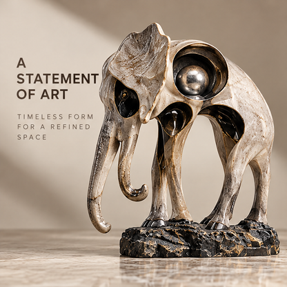 Openwork elephant sculpture displayed on a neutral console