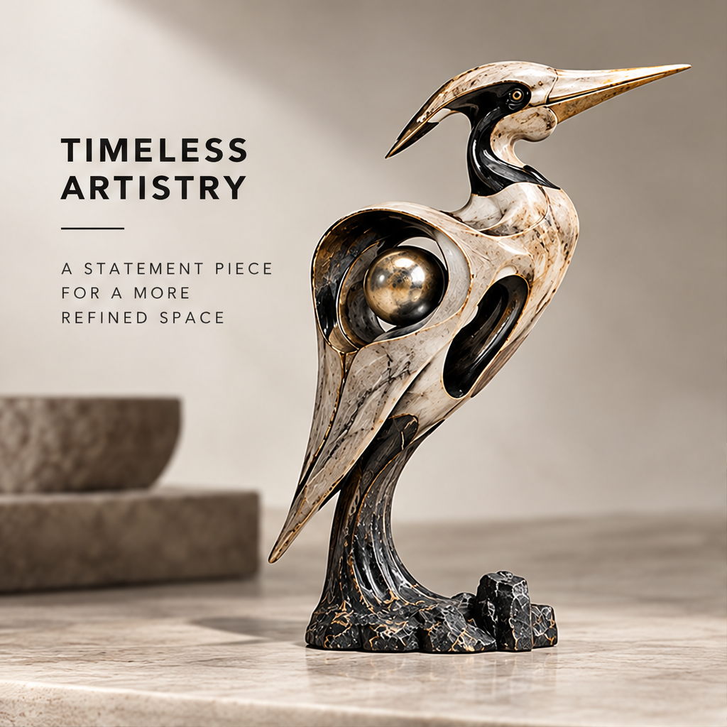 Side view of bird-inspired sculpture with sweeping crest and cream-toned wing curves