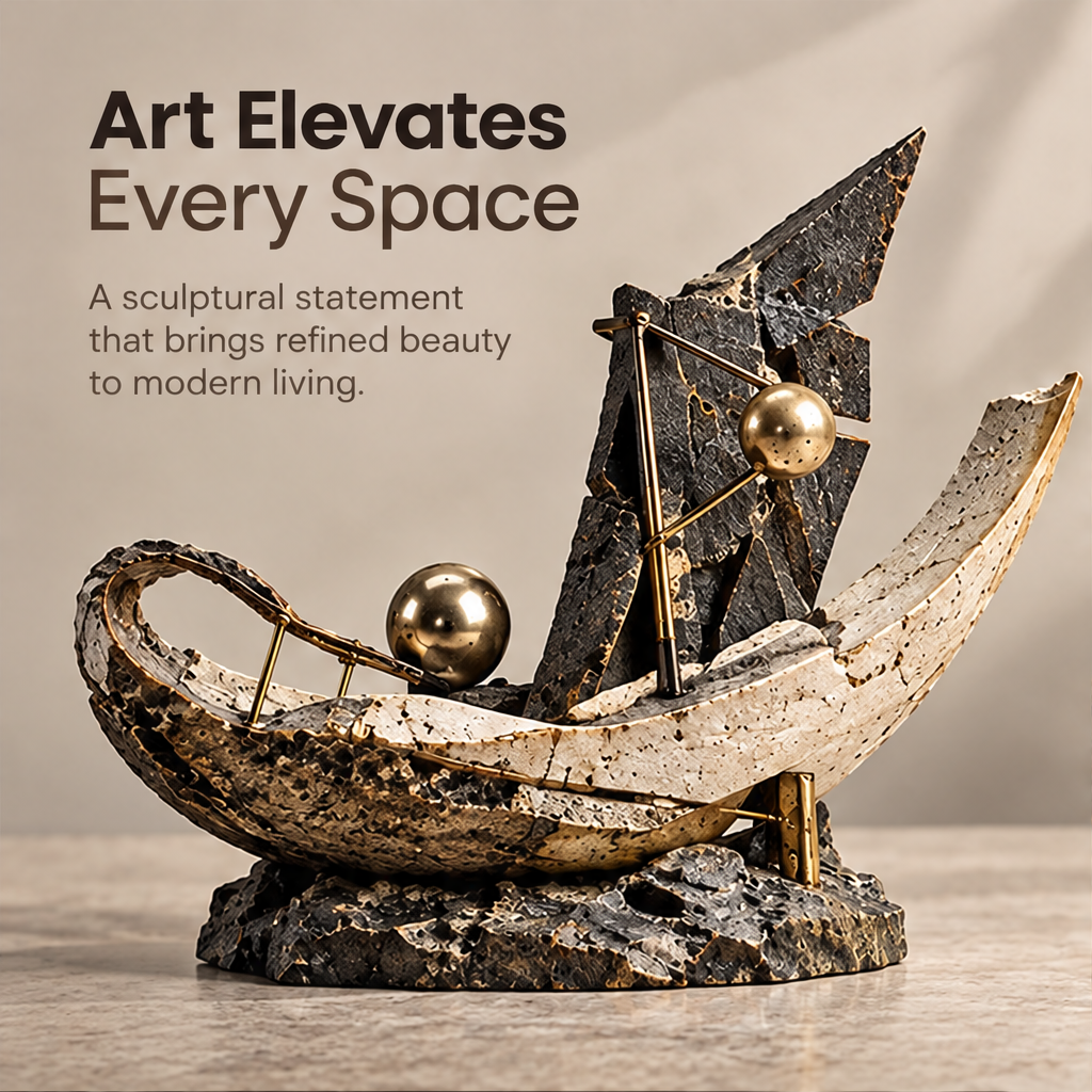 Full view of abstract sailboat sculpture with curved cream-toned hull, dark sail and two gold-tone orbs, without text
