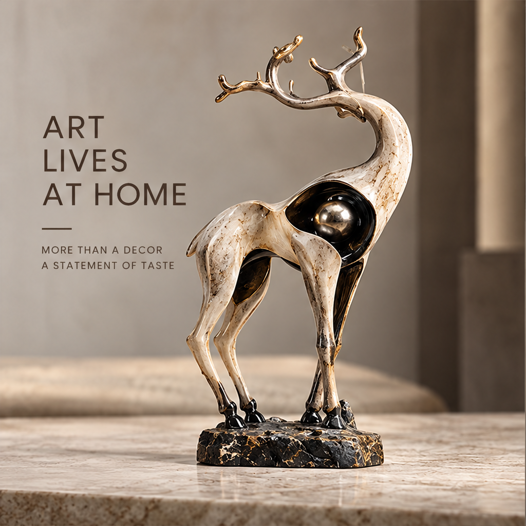 Angled view of elongated stag sculpture with cream-toned contours and dark chest recess