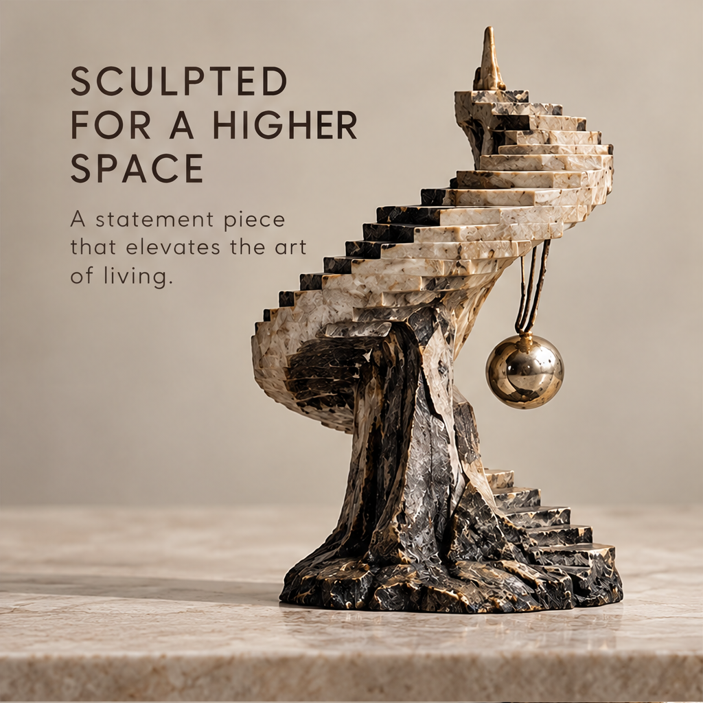 Full view of spiral stairs sculpture with hanging gold-tone orb against a neutral background, without text