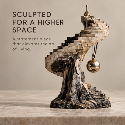 Full view of spiral stairs sculpture with hanging gold-tone orb against a neutral background, without text