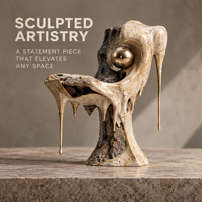 Full view of abstract drip sculpture with gold-tone sphere against a neutral background, without text