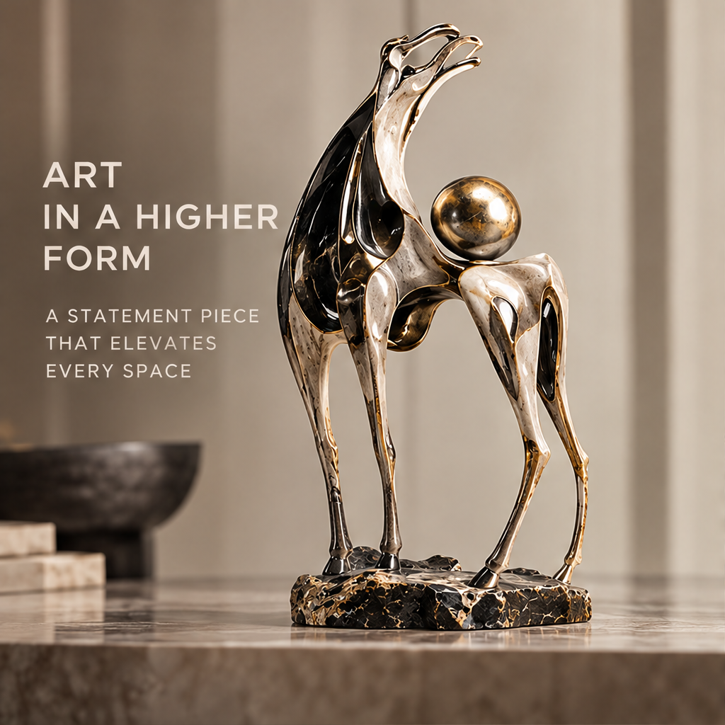 Close-up of raised horse-inspired head, curved neck and reflective gold-tone sphere