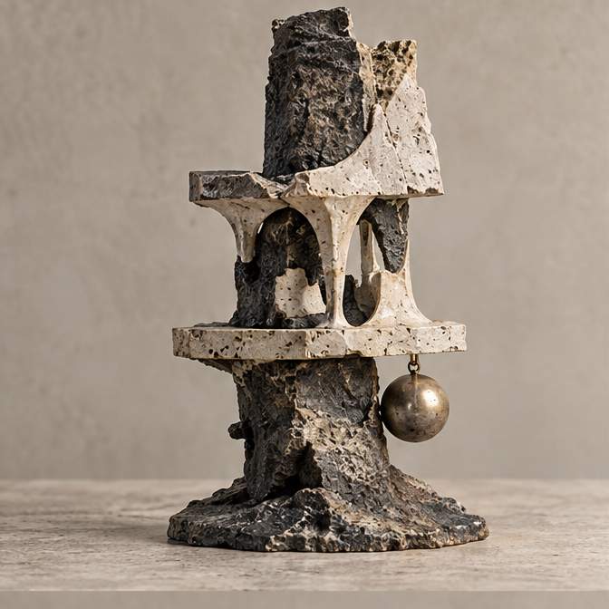 Full view of tiered arch sculpture with dark textured core and hanging bronze-tone orb, without text