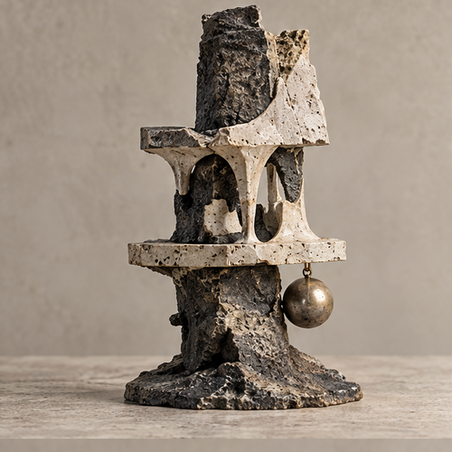 Full view of tiered arch sculpture with dark textured core and hanging bronze-tone orb, without text