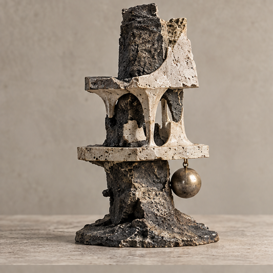 Full view of tiered arch sculpture with dark textured core and hanging bronze-tone orb, without text