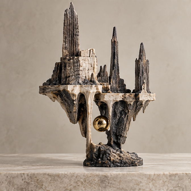 Front view of staggered jagged spires and cliff-like platforms above a gold-tone orb