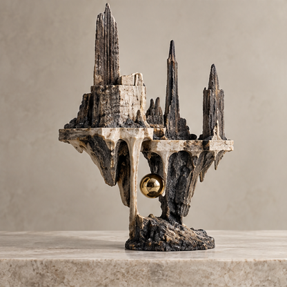 Front view of staggered jagged spires and cliff-like platforms above a gold-tone orb