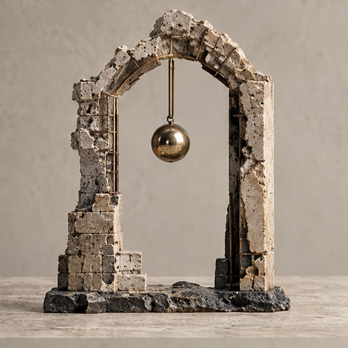 Arch sculpture styled on a console beside books and a dark rounded vase