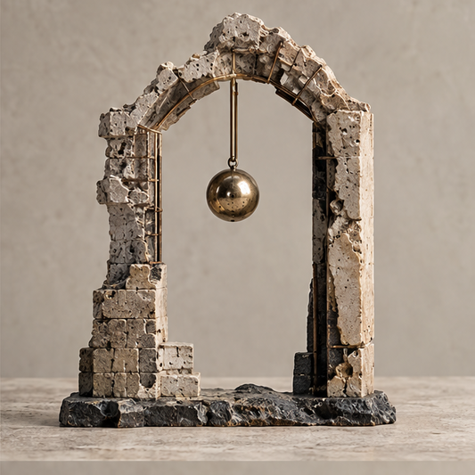Arch sculpture styled on a console beside books and a dark rounded vase