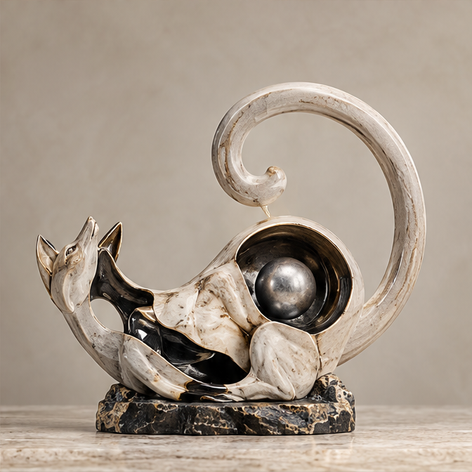 Fox-inspired sculpture styled on a console beside stacked books