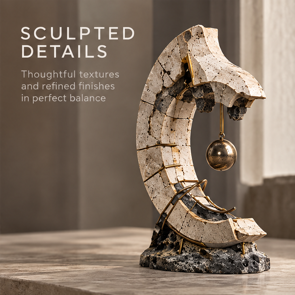 Angled view of the crescent sculpture and suspended gold-tone orb