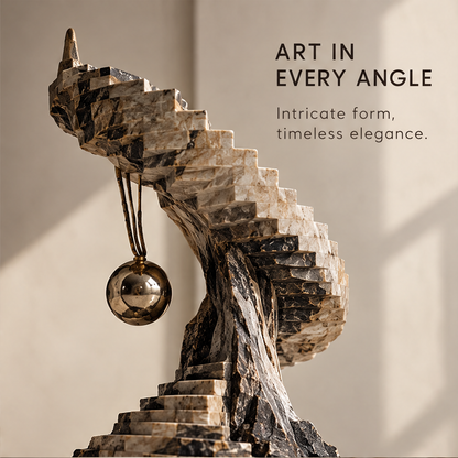 Alternate angle showing the twisting staircase and suspended gold-tone sphere