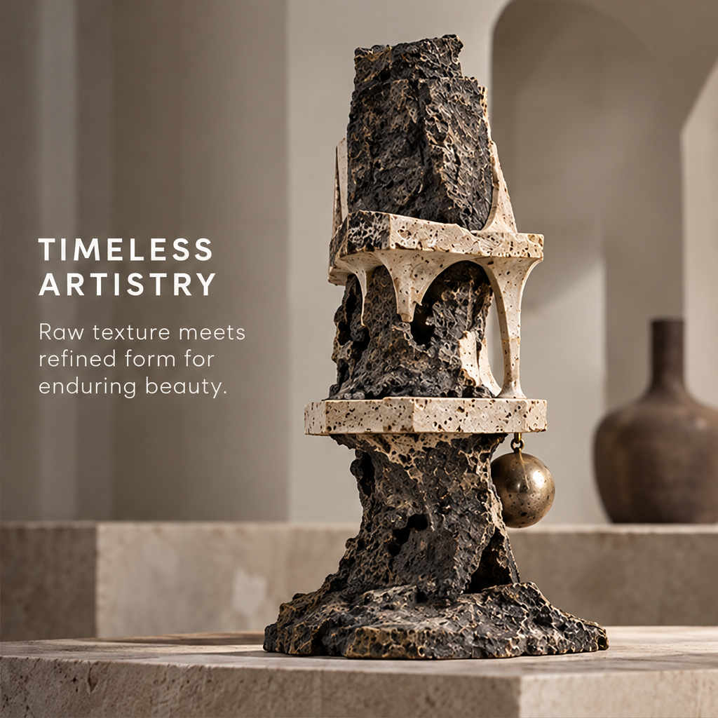 Front view of tiered arches framing a dark rock-like core and bronze-tone orb