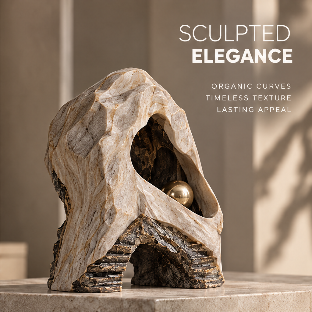 Front view of cave-like sculpture showing upper opening, miniature stairs and lower arch