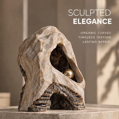 Front view of cave-like sculpture showing upper opening, miniature stairs and lower arch