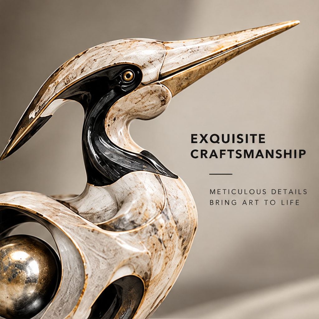 Long-beaked bird sculpture styled beside a dark bowl on a console