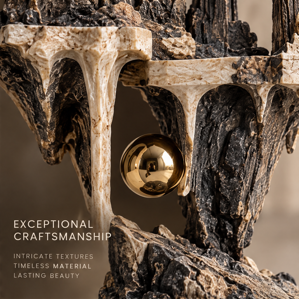 Close-up of reflective gold-tone orb framed by cream-toned arches and dark rugged textures