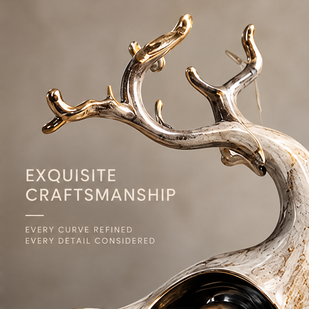 Full view of abstract stag sculpture with branching antlers and inset gold-tone sphere, without text