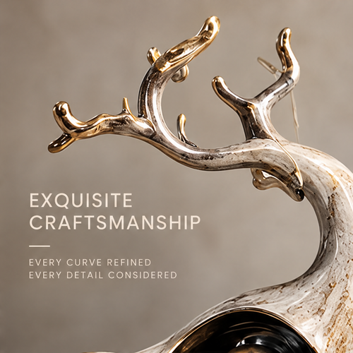 Full view of abstract stag sculpture with branching antlers and inset gold-tone sphere, without text