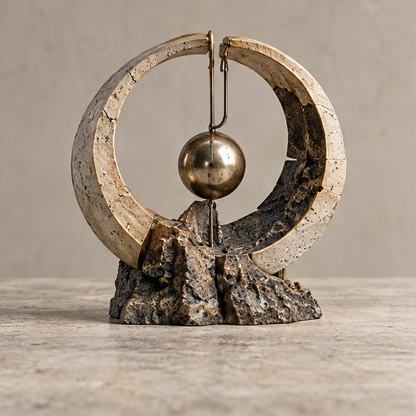 Split ring sculpture styled on a neutral console beside a dark bowl