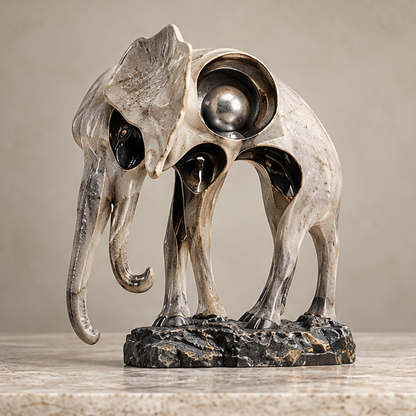 Close-up of textured fan-shaped ear, dark eye detail and inset silver-tone sphere