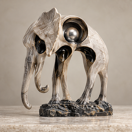 Close-up of textured fan-shaped ear, dark eye detail and inset silver-tone sphere