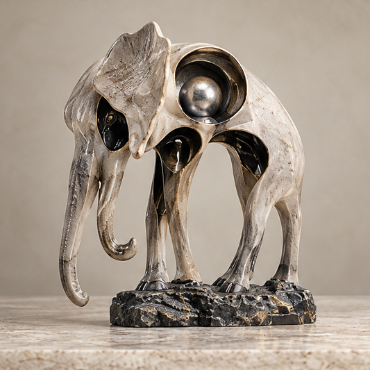 Close-up of textured fan-shaped ear, dark eye detail and inset silver-tone sphere