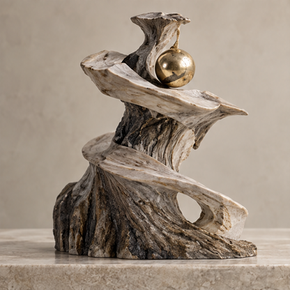 Full view of spiral ribbon sculpture with suspended gold-tone orb, without text
