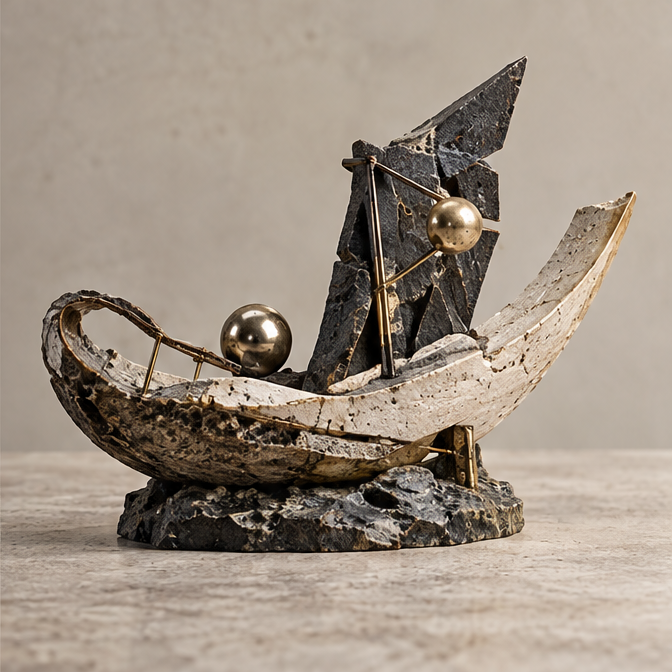 Close-up of two gold-tone spheres, slender rods and textured sail details