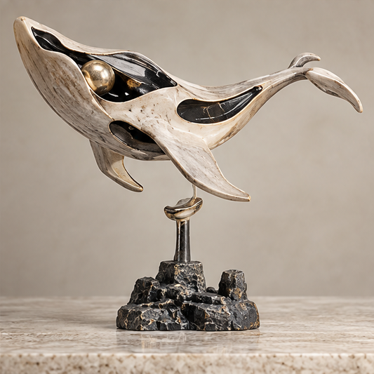 Whale-inspired sculpture displayed on a neutral console