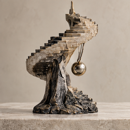 Spiral stairs sculpture styled on a console beside a dark bowl