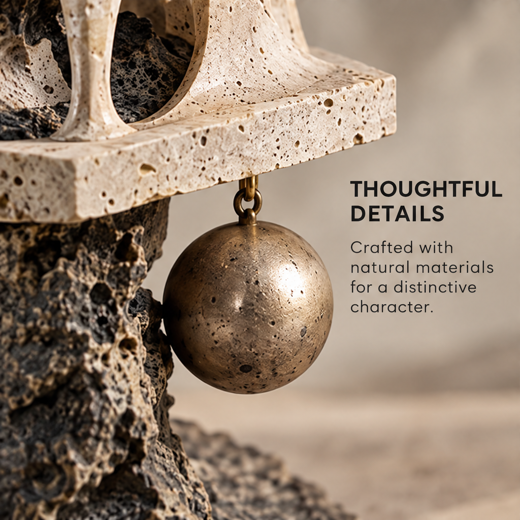 Elevated view showing layered ledges, open arches and irregular sculpture base