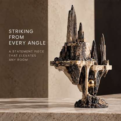 Tiered architectural sculpture styled beside a dark bowl and pale blocks