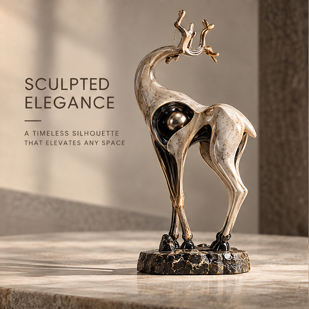 Abstract stag sculpture displayed on a console with its branching antlers in view