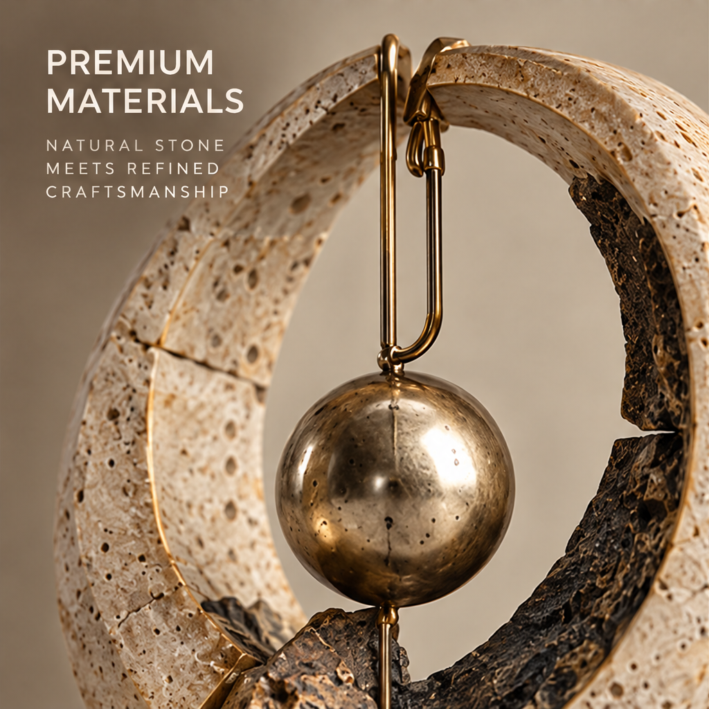 Full view of split ring sculpture with central gold-tone orb and dark rock-like base, without text