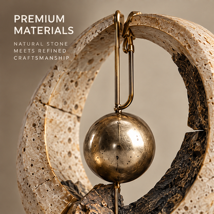 Full view of split ring sculpture with central gold-tone orb and dark rock-like base, without text