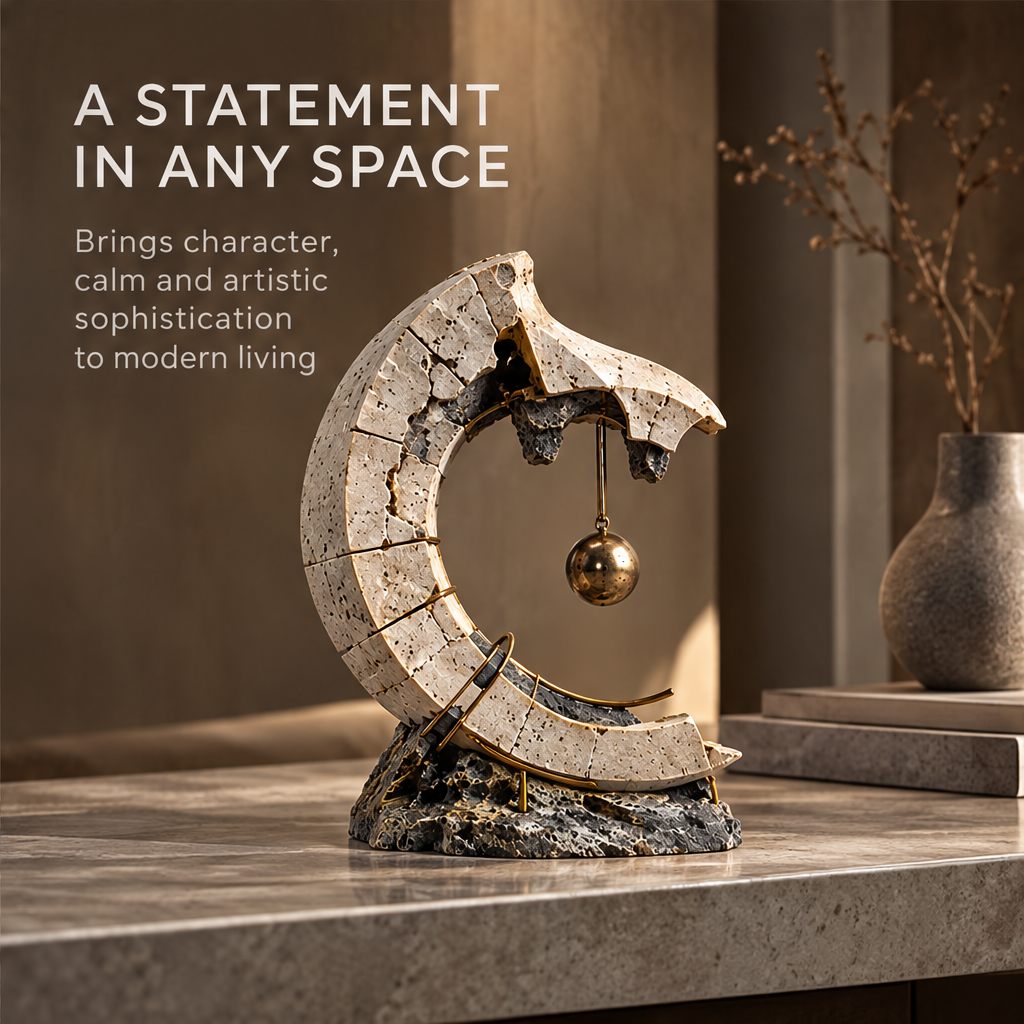 Cream-toned crescent sculpture with gold-tone details on a textured base